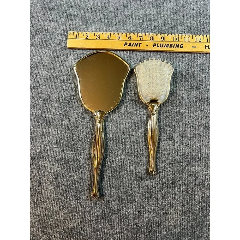 Vintage Gold Vanity Hand Mirror & Brush Set Floral Brocade Back Mid Century Boud